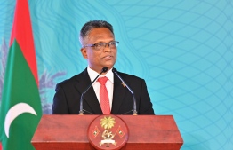 Malé City Mayor Adam Azim speaks at the swearing-in ceremony held at Dhrubaaruge last night. -- Photo: Nishan Ali