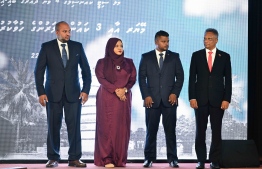 Malé City Mayor Adam Azim and three members elected for the council at the swearing-in ceremony held at Dharubaaruge last night -- Photo: Nishan