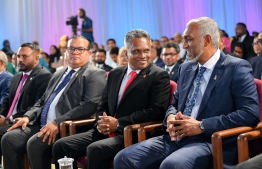 Speaker of Parliament Aslam (L), Mayor Azim (C) and President Dr Mohamed Muizzu (R) at last night's ceremony.