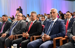 President Dr. Mohamed Muizzu, Malé City Mayor Adam Azim and Parliament Speaker Mohamed Aslam attend the swearing-in ceremony held at Dharubaaruge last night. -- Photo: Nishan Ali