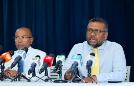 From the joint press conference held today by The Democrats and MDP.-- Photo: Nishan Ali / Mihaaru