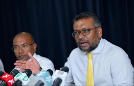 MDP Chairperson Fayyaz Ismail speaking at today's joint press conference by MDP and The Democrats.-- Photo: Nishan Ali / Mihaaru