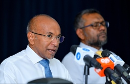 The Democrats' President Hassan Latheef speaking at today's press conference.-- Photo: Nishan Ali / Mihaaru