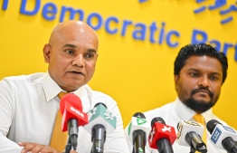 MDP PG Leader Mohamed Rasheed Hussain speaking at today's press conference.-- Photo: Fayaz Moosa / Mihaaru