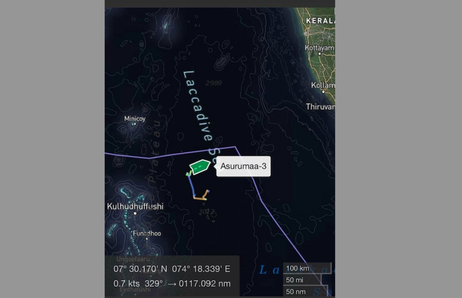 "އަސުރުމާ 3" ދޯނި އޮތް ތަން ޗާޓުން ފެންނަ ގޮތް