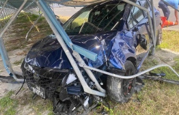 Car damaged after the accident on  Hulhule’-Hulhumale' highway on Friday, February 2, 2024