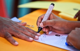 A voter's finger being marked in the MDP primary election -- Photo: Fayaz Moosa