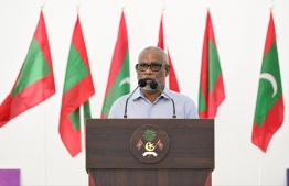 Special Advisor to the President AbdulRaheem Abdulla address the residents of Thaa atoll Guraidhoo during the President's tour of the atoll -- Photo: President's Office