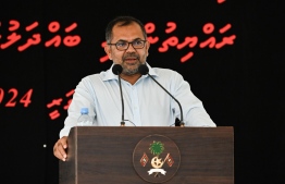 Foreign Minister Zameer speaking in Madifushi on Tuesday.-- Photo: President's Office