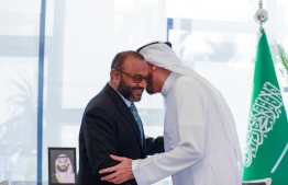 Minister of Islamic Affairs Mohamed Shaheem Ali Saeed (L) greeting Matrek Abdullah Al-Ajalin Aldosari at the Ministry of Islamic Affairs on February 7, 2024 -- Photo: Ministry of Islamic Affairs