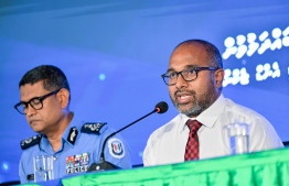 Minister of Homeland Security and Technology Ali Ihusaan and Police Commissioner Ali Shujau during a press briefing