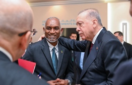 President Dr Mohamed Muizzu conversing with Turkey President Recep Tayyip Erdogan.