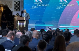 President Dr Mohamed Muizzu speaks at the Invest Maldives Forum in Dubai.-- Photo: Mihaaru