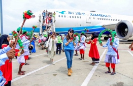 Tourists from the first flight by Xiamen Airline being welcomed to Maldives at Velana International Airport, on February 14, 2024 -- Photo: Ministry of Tourism
