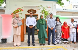 The President, Vice President and other officials outside the social center for senior citizens.-- Photo: Fayaz Moosa / Mihaaru