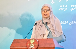 Minister of Social and Family Development Dr Aishath Shiham speaks at the inauguration.