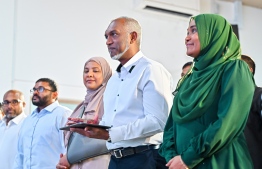 President Dr Muizzu was accompanied by First Lady Sajida and several cabinet ministers for the inauguration ceremony.-- Photo: Fayaz Moosa / Mihaaru