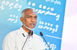 President Dr Muizzu speaks at the inauguration of the Social Center for Senior Citizens.-- Photo: Fayaz Moosa / Mihaaru