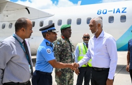 President Dr. Mohamed Muizzu welcomed on his first visit to Addu City after assuming office. -- Photo: President's Office.