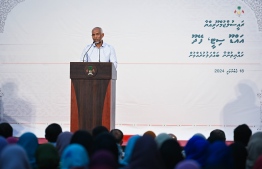 President Dr. Mohamed Muizzu speaks at a meeting with the residients of Addu City Hithadhoo/Feydhoo during his first visit to Addu City after assuming office. -- Photo: President's Office