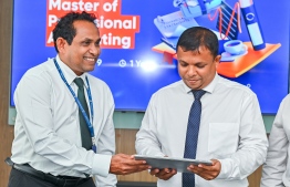 Minister of Finance Dr Mohamed Shafeeq (R) and Villa College Vice Rector Dr Ali Najeeb (L) at the launching of the Master of Professional Accounting course.-- Photo: Fayaz Moosa / Mihaaru