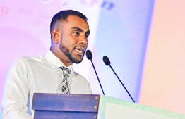 The Tourism Minister, Ibrahim Faisal speaking at the Inauguration ceremony of the Ecotourism project -- Photo: Fayaz Moosa / Mihaaru