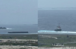 Tug boat and barge which ran aground north of Hulhumale' reef on February 21