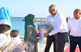 The people of Haa Alif Atoll Ihavandhoo welcoming the President Dr Mohamed Muizzu upon his arrival -- Photo: President Office