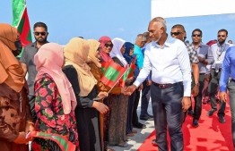 The residential community of HDh. Hanimadhoo extending a welcome to President Dr Mohamed Muizzu upon his arrival -- Photo: President's Office
