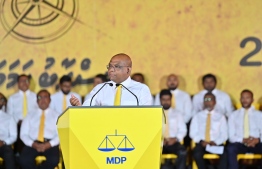 MDP's new President Abdulla Shahid speaks at last night's event to mark the start of parliamentary election campaign activities.-- Photo: MDP