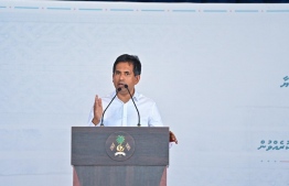 Minister Saeed speaks at the public gathering in Shaviyani Atoll Milandhoo.-- Photo: President's Office