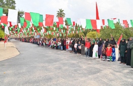 The people of Sh. Funadhoo welcoming President Dr Mohamed Muizzu -- Photo: President's Office