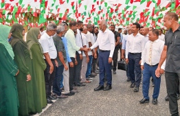 The people of Sh. Funadhoo welcoming the President Dr Mohamed Muizzu -- Photo: President's Office