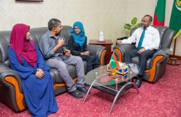 Minister of Islamic Affairs, Dr Mohamed Shaheem Ali Saeed meeting Alva Hussain and her parents, Fahudha Hussain and Hussain Sunil