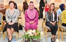 First Lady Sajidha (C), China Ambassador to Maldives Wang Lixin (L) and State Minister Khadheeja (R) at yesterday's ceremony.-- Photo: President's Office