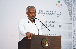 President Dr Mohamed Muizzu addressing the residential community of Baa atoll Eydhafushi during his visit to the island -- Photo: President's Office