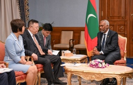 President Dr Mohamed Muizzu meets with China Ambassador to Maldives Wang Lixin and President of the Export-Import Bank of China Ren Shengjun on Tuesday.-- Photo: President's Office