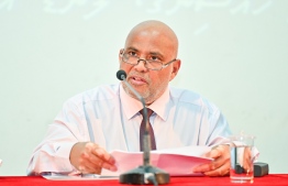 Minister of Housing and Infrastructure, Ali Haidar speaking at the press conference held to disclose details of the procedures conducted by the Ministry under the administration's 14-day roadmap -- Photo: Fayaz Moosa / Mihaaru News