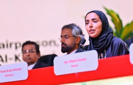 Chairperson of Ooredoo, Fatima Sultan Al Kuwari speaks at the AGM of Ooredoo held at Hulhumale' Central Park -- Fayaz Moosa