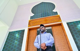 Minister of Islamic Affairs Dr. Shaheem Ali Saeed speaking at the inauguration ceremony of the mosque -- Photo: Fayaz Moosa