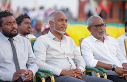 President Dr Mohamed Muizzu in attendance of the ceremony held in Lh. Naifaru to facilitate his address of the residential community together with his delegation -- Photo: President's Office
