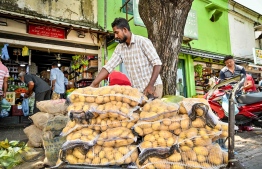 Activity at Local Market area: A person arranges potato sacks -- Photo: Nishan Ali