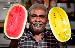 Activity at Local Market area: prices of watermelon; one of the most commonly consumed fruits by locals, range between MVR 15 and MVR 25 -- Photo: Nishan Ali