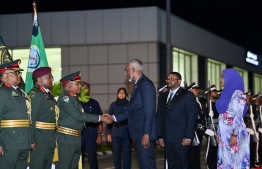 President Muizzu greets some senior officials of MNDF during the inauguration ceremony military drones held at Maafaru International Airport last night