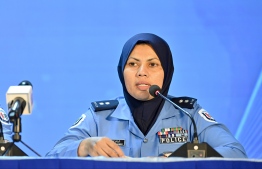 Cyber Police Investigations Officer Inspector of Police Aminath Mohamed speaking at the press conference held today.-- Photo: Nishan Ali / Mihaaru