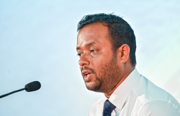 Minister Dr Muththalib speaks to the press today.-- Photo: Fayaz Moosa / Mihaaru