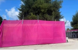 The campaign posted of candidate Sayyah covered in pink fabric.