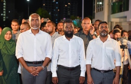 President Dr Mohamed Muizzu attending the ceremony held in Hulhumale to open the campaign booth of parliamentary candidate of the Vilufushi constituency, Hassan Waheed -- Photo: Nishan Ali / Mihaaru News