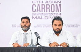 Minister of Sports, Abdualla Rafiu and General Secretary of the Carrom Association, Hussain Raushan at the press conference to announce Maldives as the host for the Asian Carrom Championship.