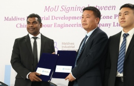 Maldives Industrial Development Free Zone (MID) under STO and China Harbor Engineering Company Limited signed a Memorandum of Understanding (MoU) to establish an Agriculture Economic Zone (AEZ) in the Maldives. -- Photo: Mihaaru